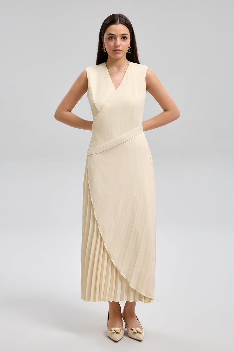 فستان بلا أكمام بتنورة كسرات لف