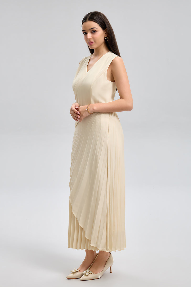 فستان بلا أكمام بتنورة كسرات لف