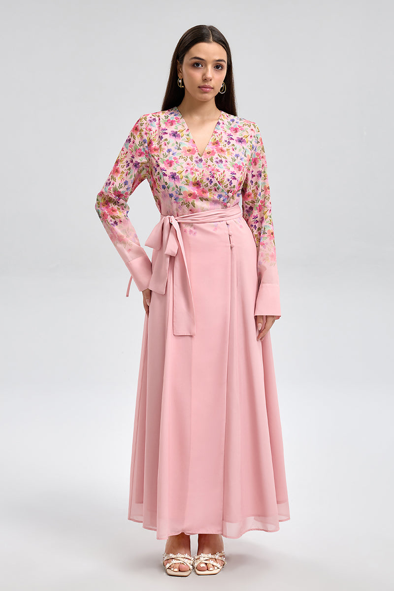 فستان لف بطبعات موردة وربطة خصر