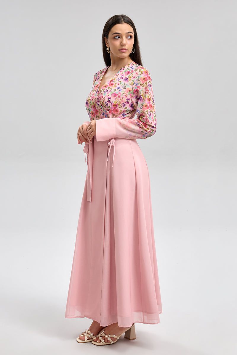 فستان لف بطبعات موردة وربطة خصر