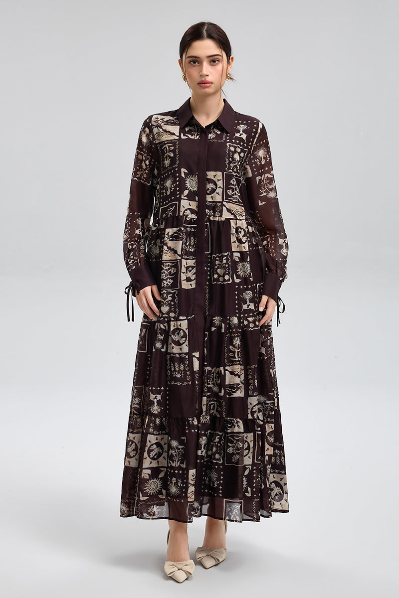 فستان قميص ماكسي بطبعات وتدرجات