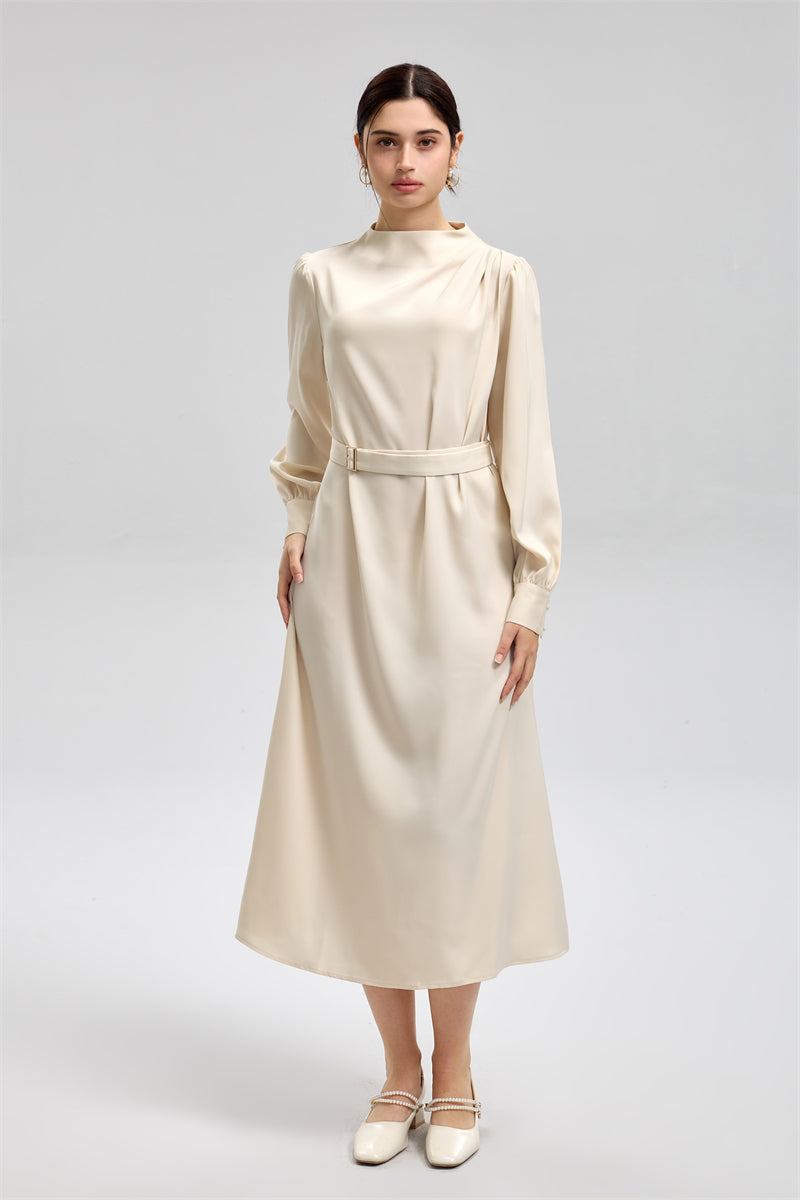فستان ساتان ميدي أنيق مع حزام