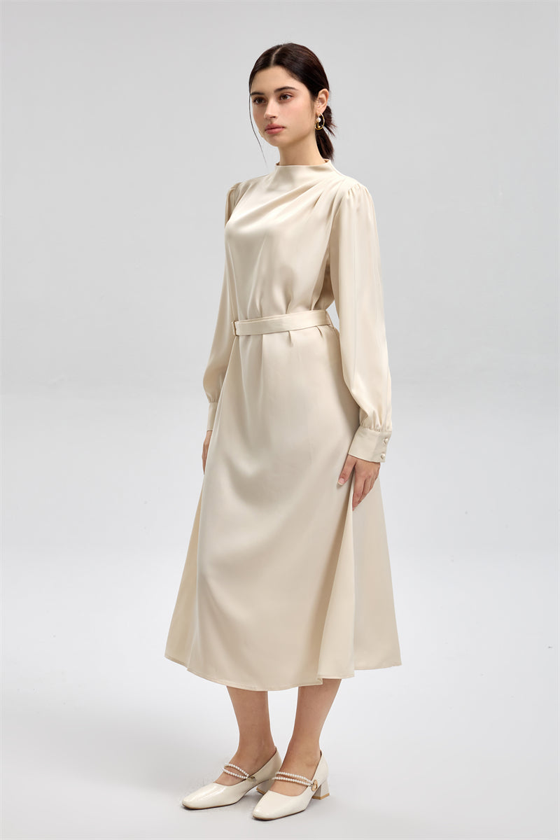 فستان ساتان ميدي أنيق مع حزام