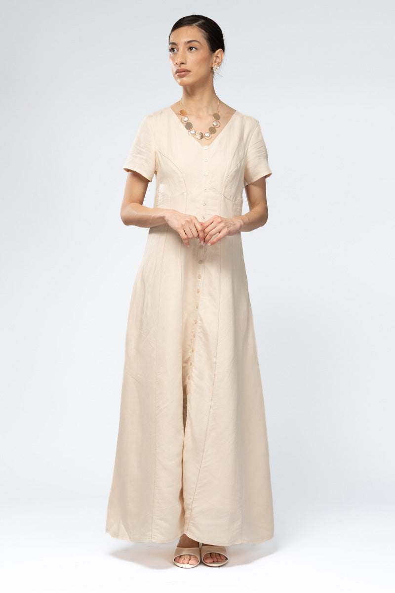 فستان ماكسي بأكمام قصيرة وأزرار أمامية