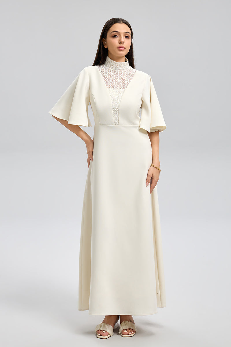 فستان طويل برقبة دانتيل وأكمام واسعة