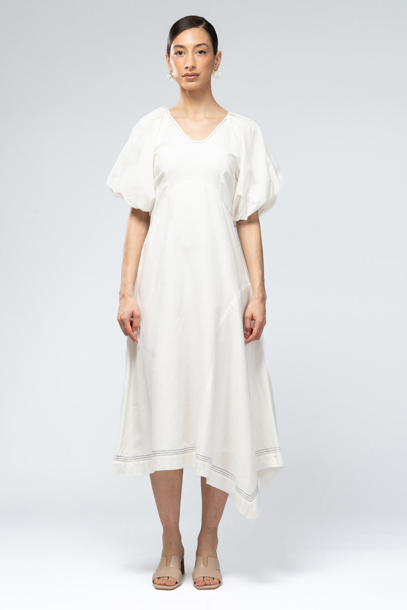 Asymmetric Midi Dress with Puff Sleeves