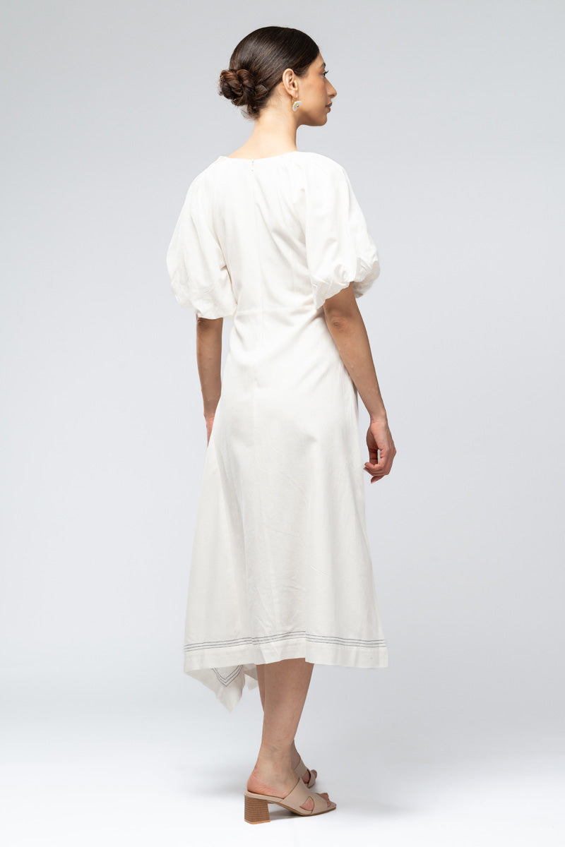 Asymmetric Midi Dress with Puff Sleeves