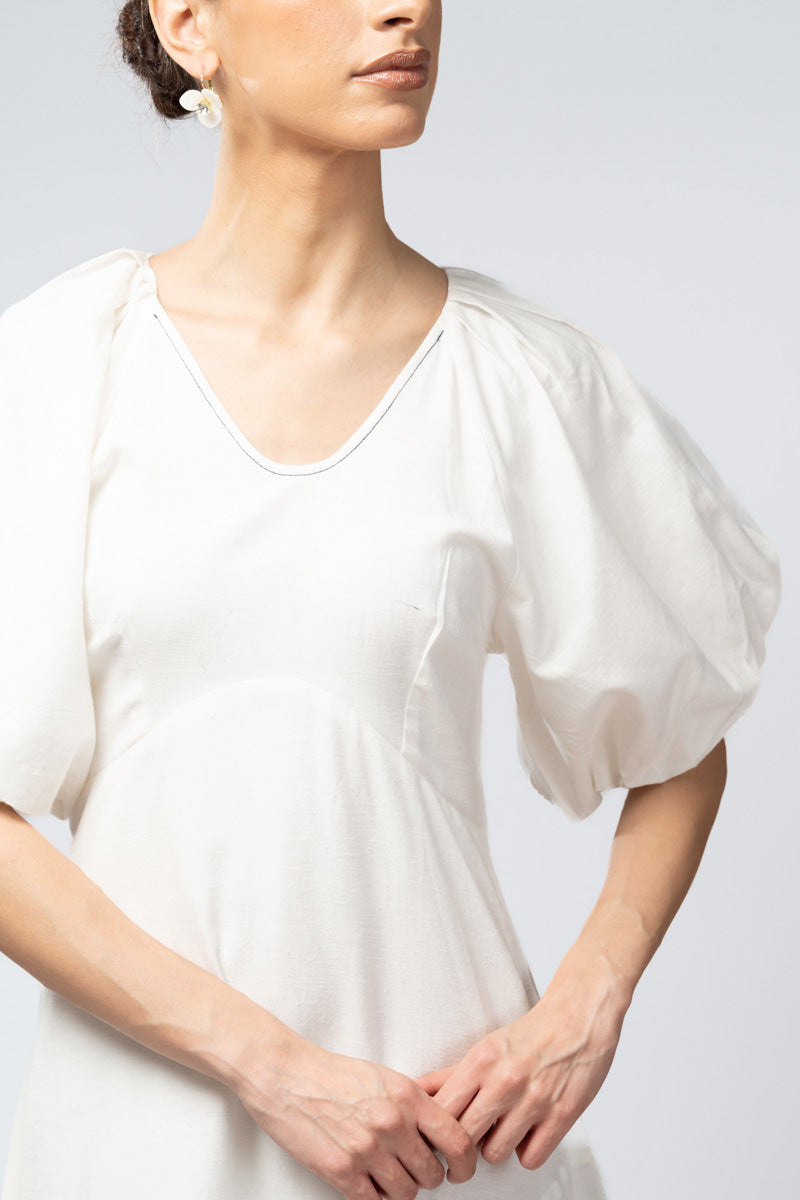 Asymmetric Midi Dress with Puff Sleeves