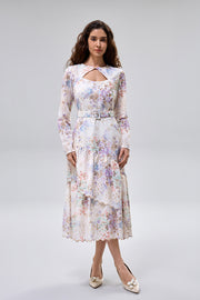Floral Cut Out Belted Midi Dress