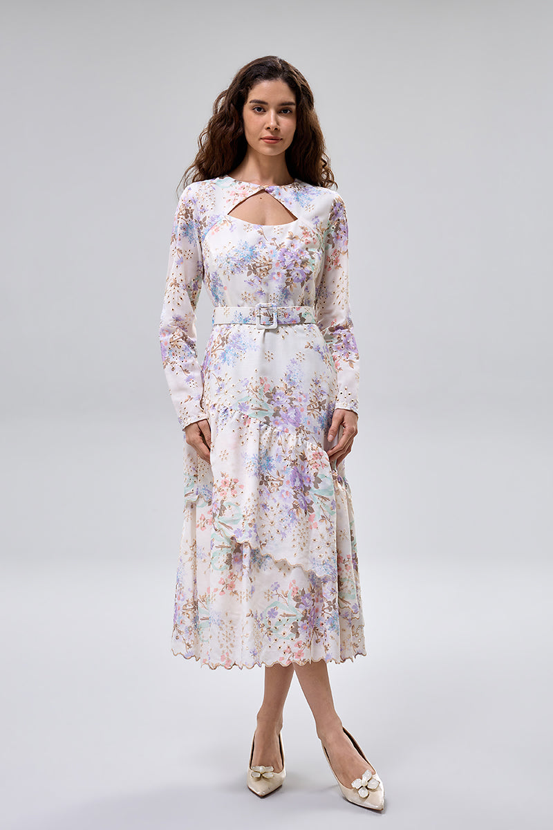 Floral Cut Out Belted Midi Dress