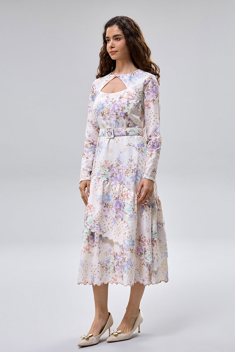Floral Cut Out Belted Midi Dress