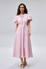 Ruffle Detail Puff Sleeve Midi Dress