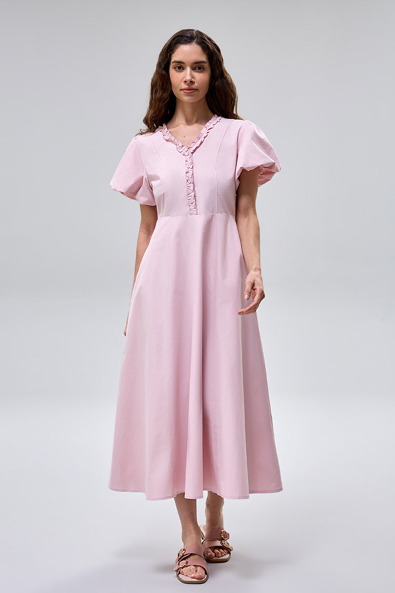 فستان ميدي بأكمام منفوخة وتفاصيل كشكش