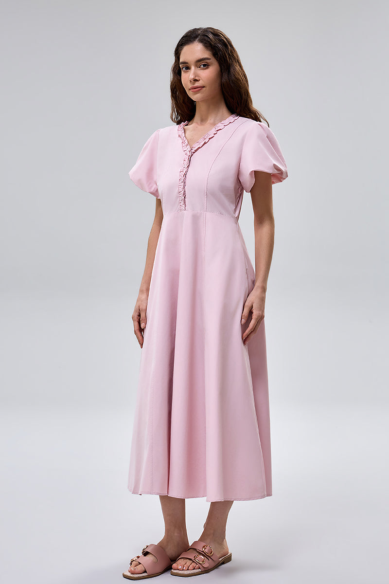 فستان ميدي بأكمام منفوخة وتفاصيل كشكش