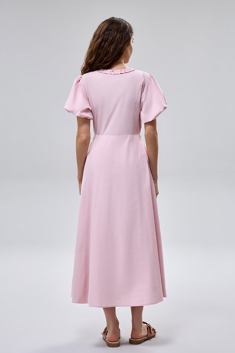 Ruffle Detail Puff Sleeve Midi Dress