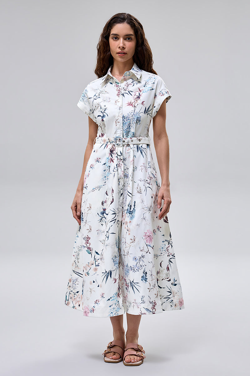 فستان ميدي بنقشة زهور مع حزام