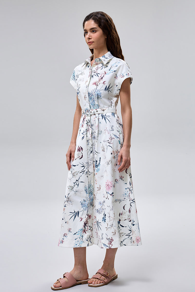 فستان ميدي بنقشة زهور مع حزام