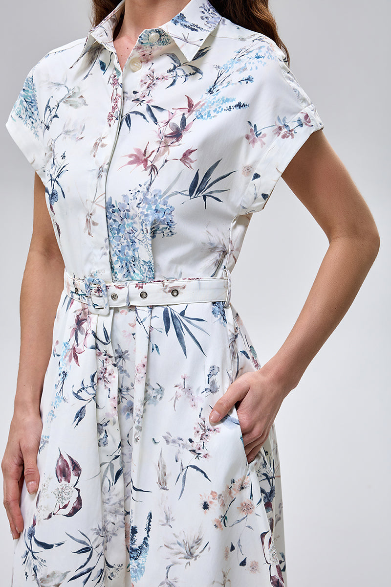 Floral Belted Shirt Midi Dress