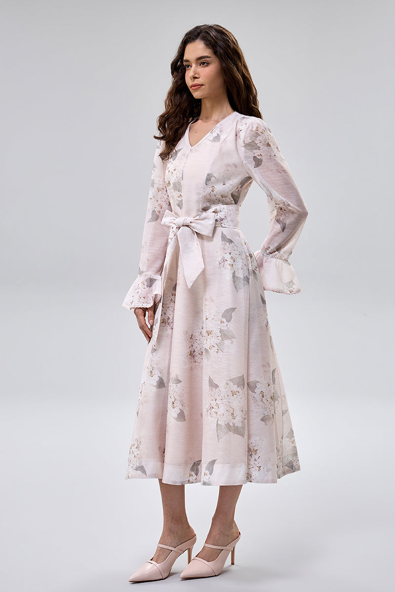 فستان ميدي بطبعة زهور مع حزام