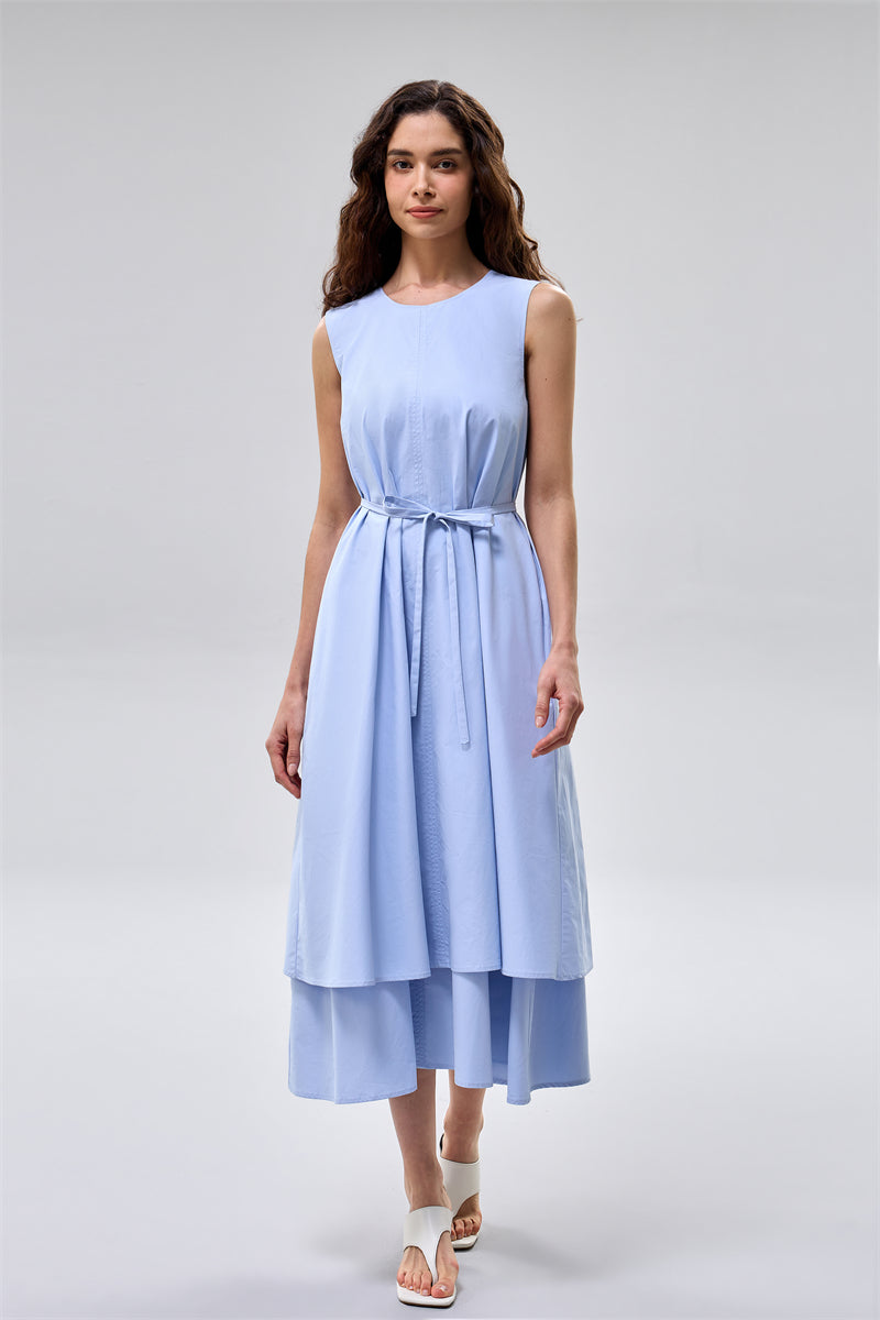 فستان ميدي بدون أكمام بطبقات مع حزام