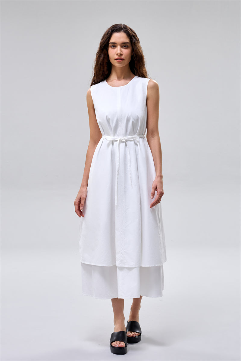 فستان ميدي بدون أكمام بطبقات مع حزام