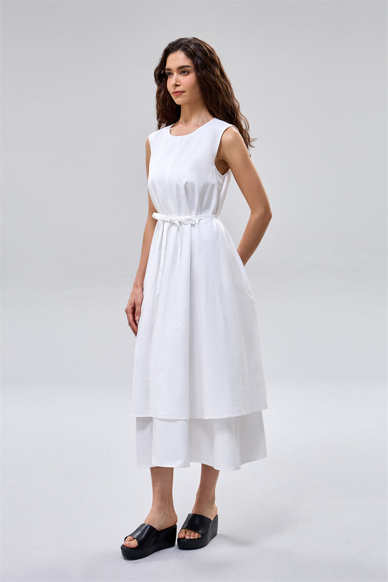 فستان ميدي بدون أكمام بطبقات مع حزام