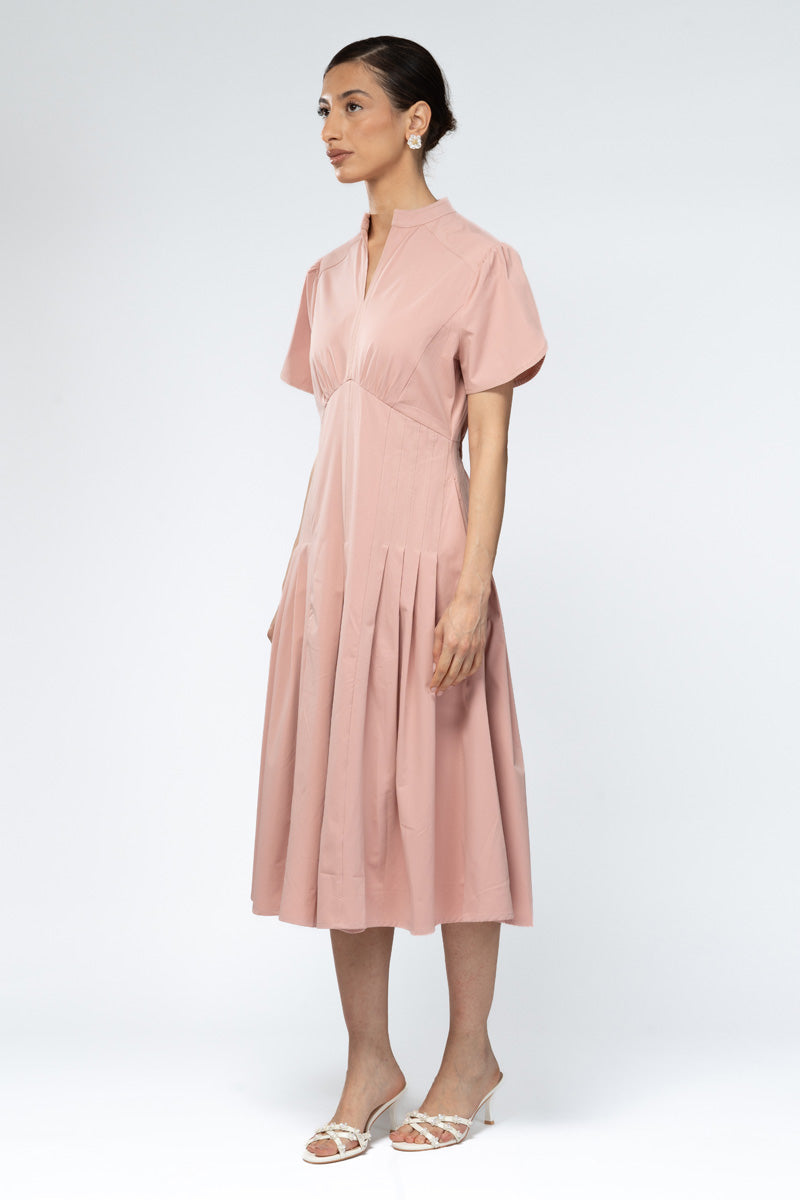 Pleated Midi Dress with Soft Neckline