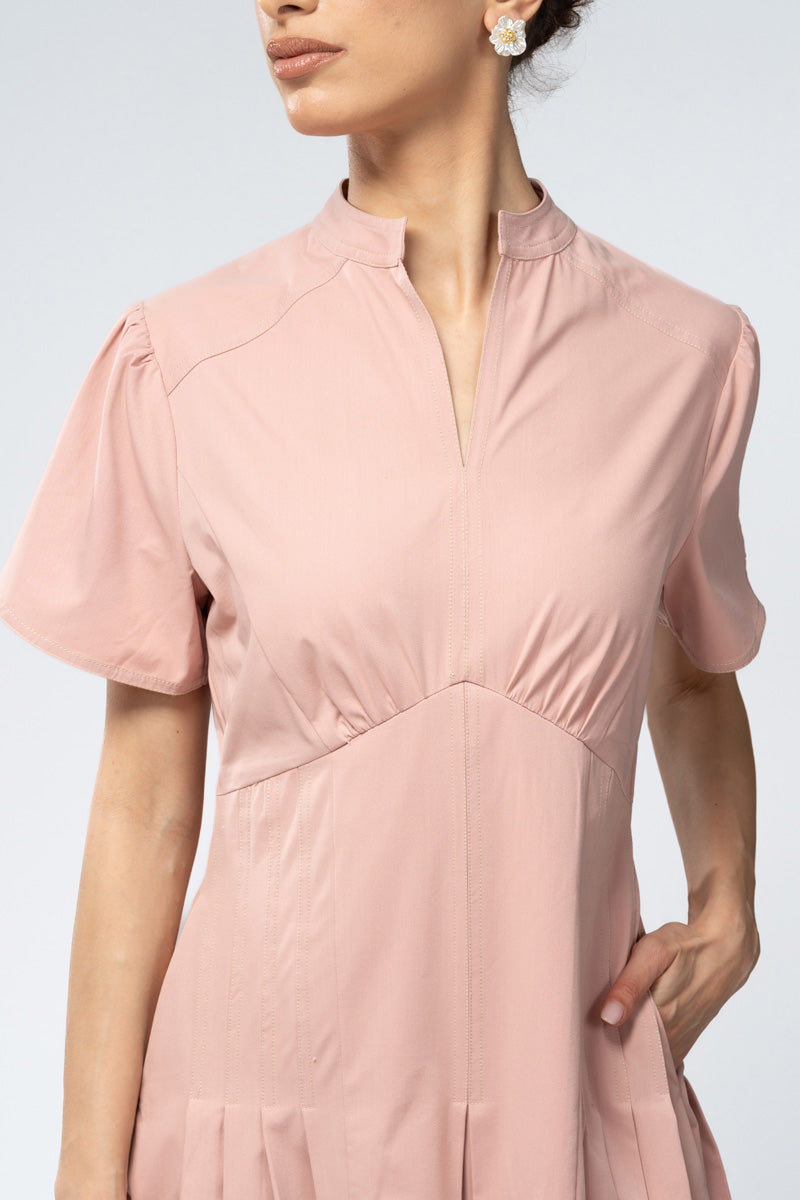 Pleated Midi Dress with Soft Neckline