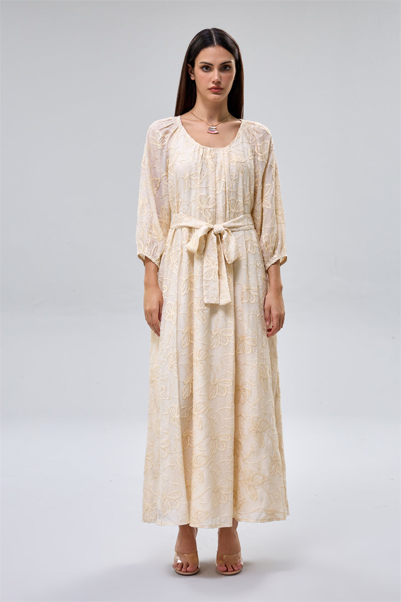 Embroidered Belted Maxi Dress