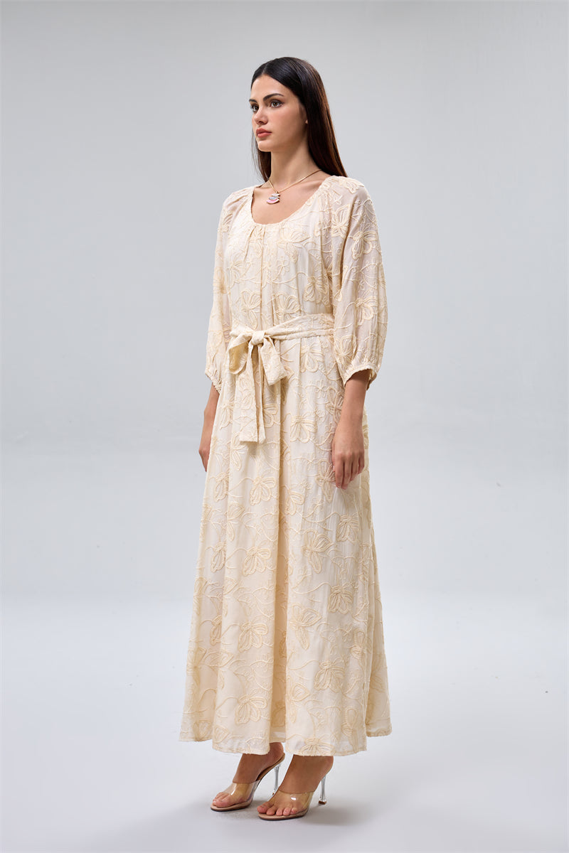 Embroidered Belted Maxi Dress