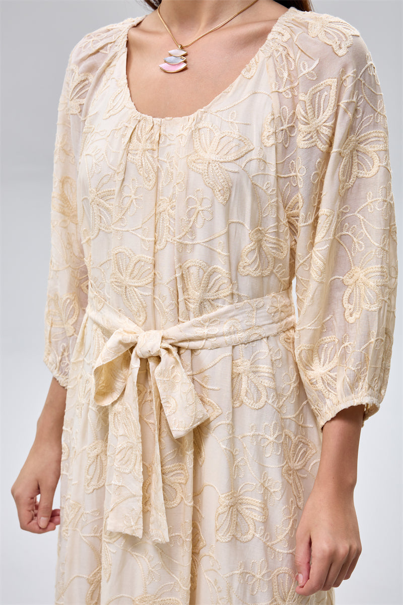 Embroidered Belted Maxi Dress