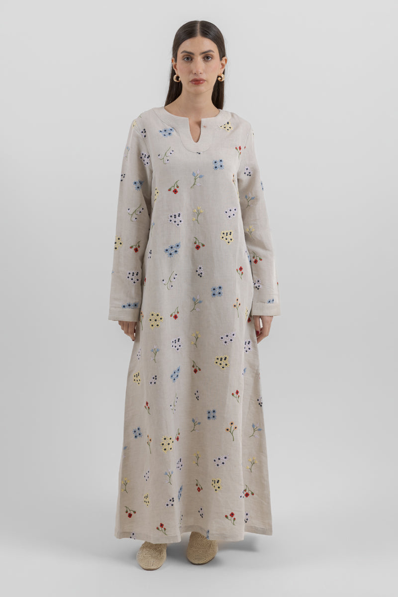 فستان ماكسي بنقشة ناعمة وأكمام طويلة