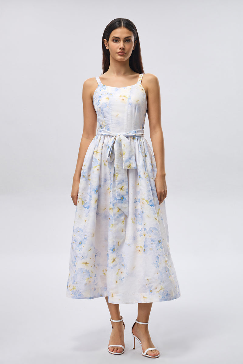 فستان ميدي بنقشة زهور ورباط خصر