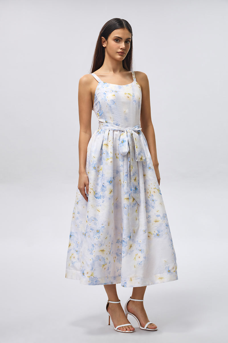 فستان ميدي بنقشة زهور ورباط خصر