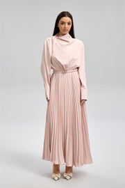 Pleated Long Dress With Draped Collar