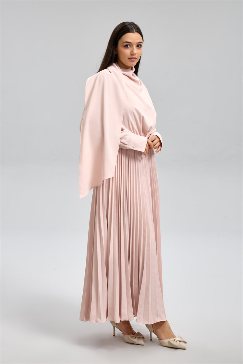 Pleated Long Dress With Draped Collar