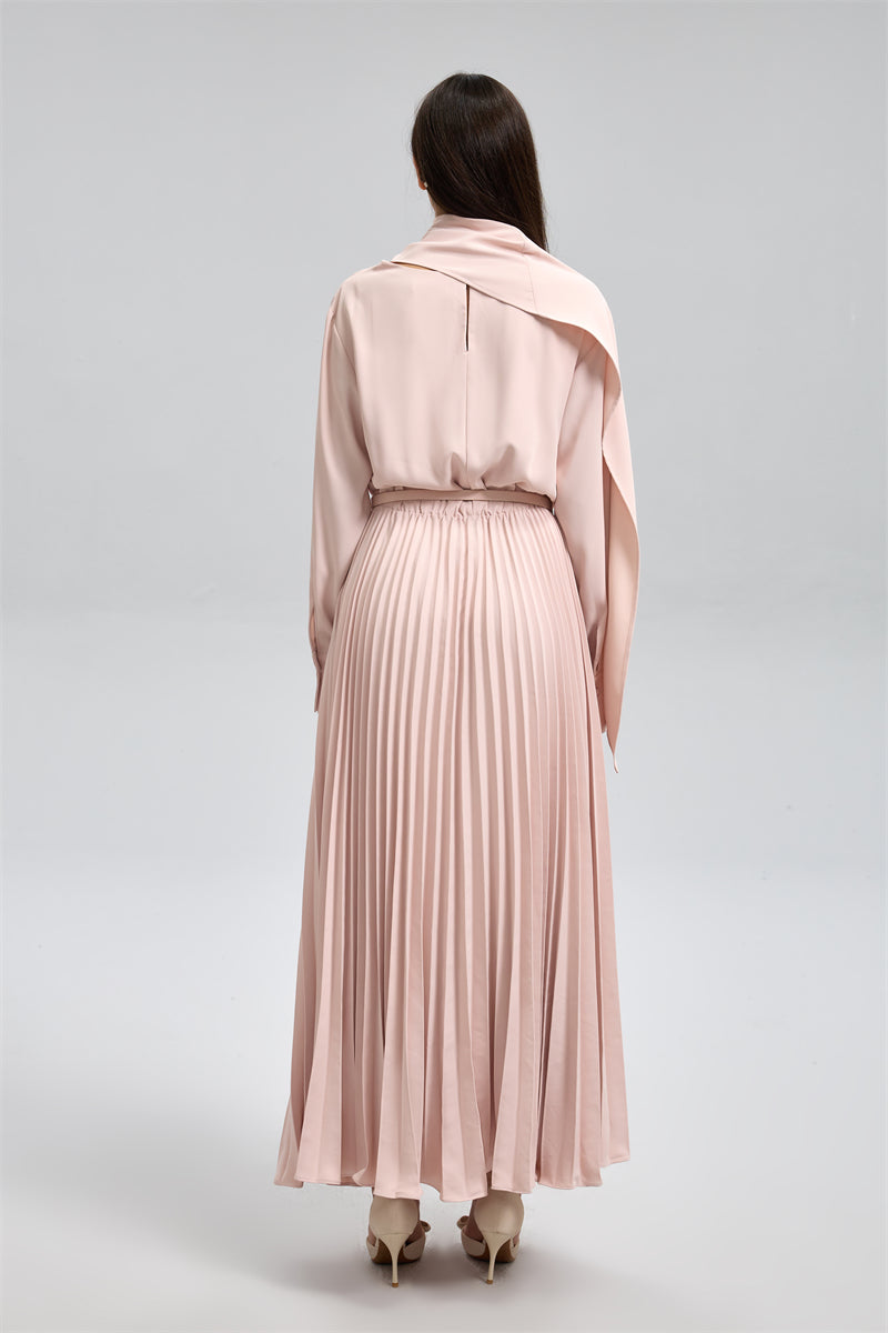 Pleated Long Dress With Draped Collar