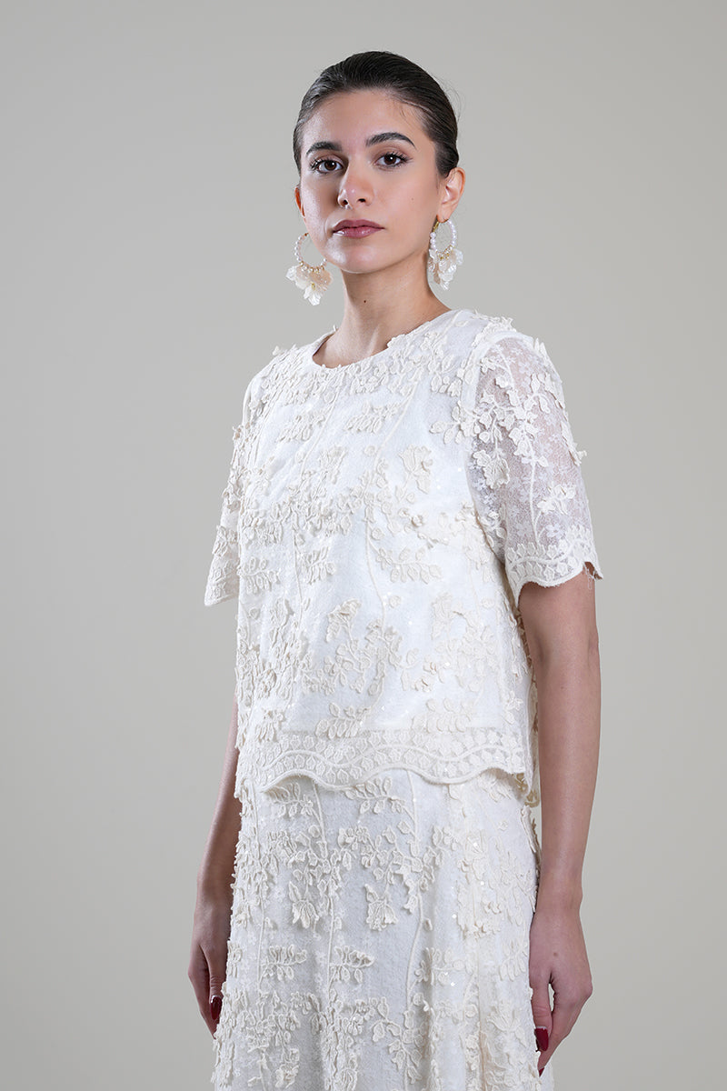 بلوزة دانتيل بتطريز ناعم