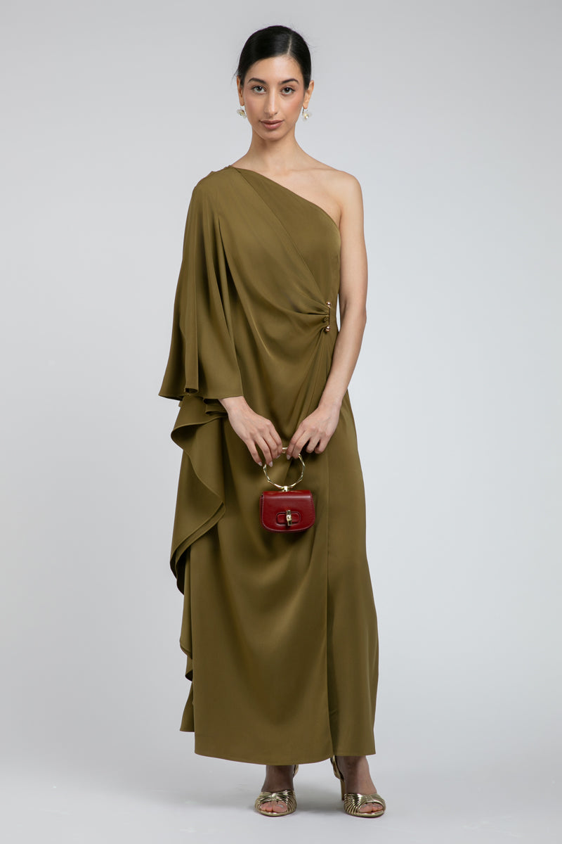 فستان ماكسي بكتف واحد وتفصيل منسدل