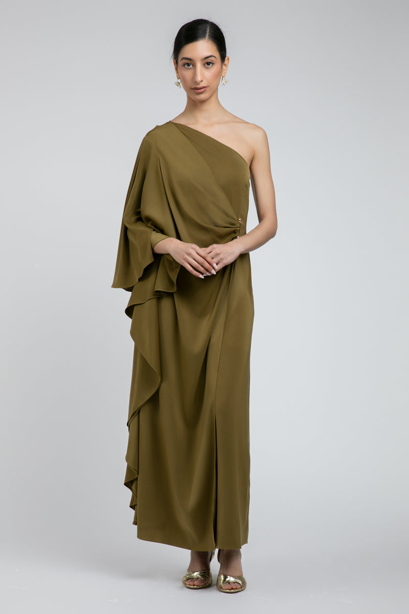 فستان ماكسي بكتف واحد وتفصيل منسدل