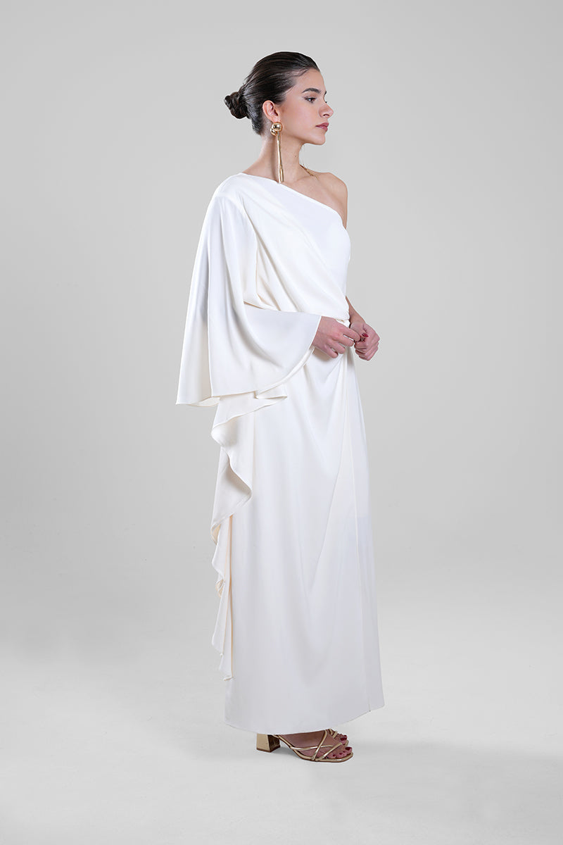 فستان ماكسي بكتف واحد وتفصيل منسدل