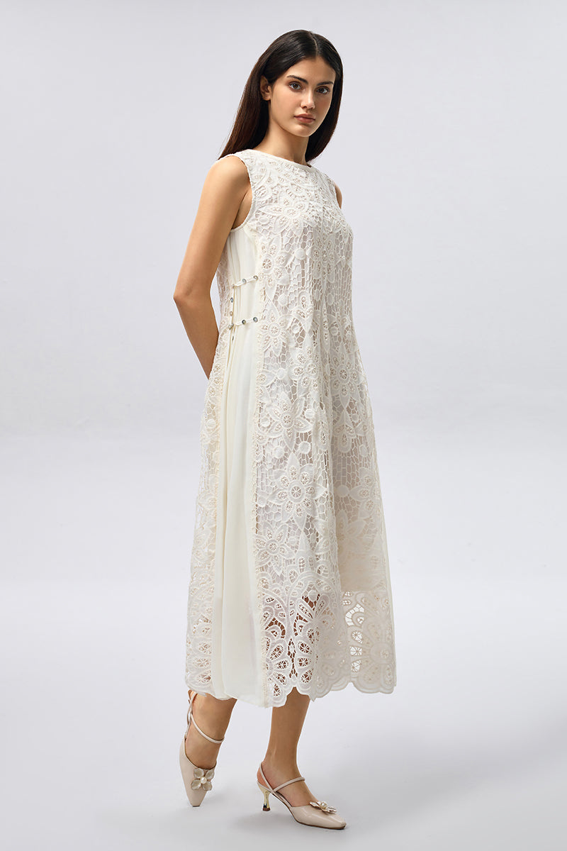 فستان ميدي بلا أكمام بتفصيل دانتيل