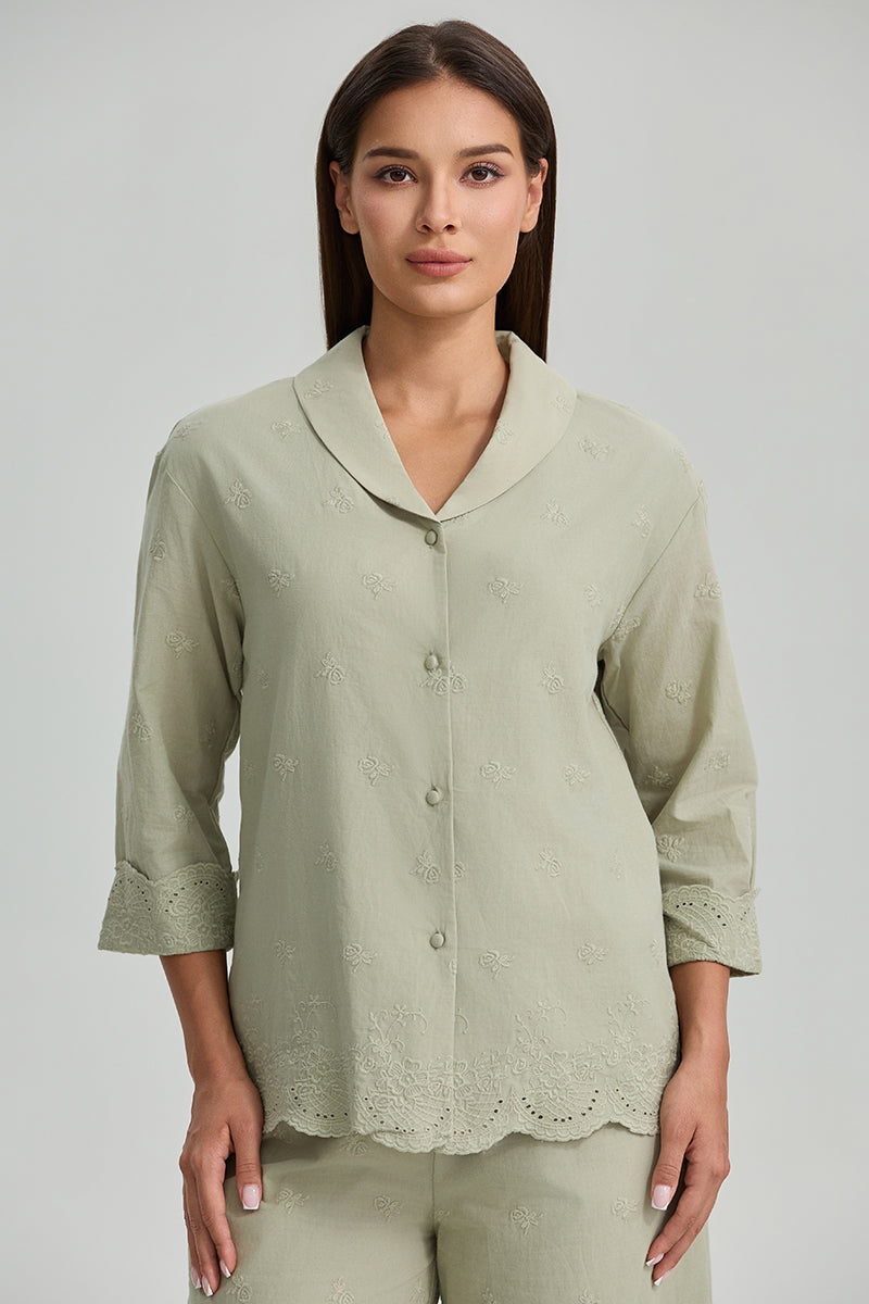 Embroidered Shirt With Scalloped Hem