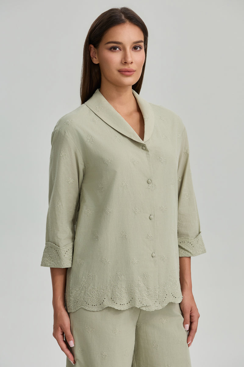 Embroidered Shirt With Scalloped Hem