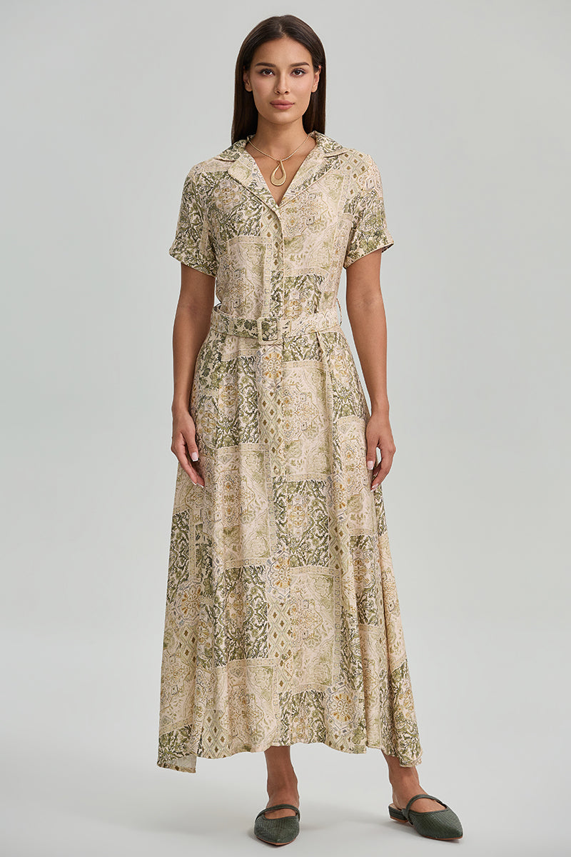 Printed Belted Maxi Shirt Dress