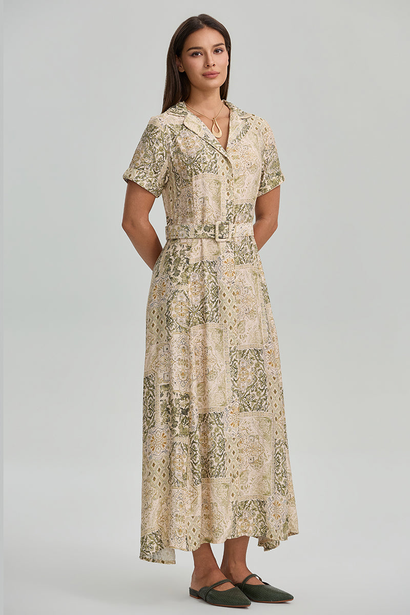 Printed Belted Maxi Shirt Dress