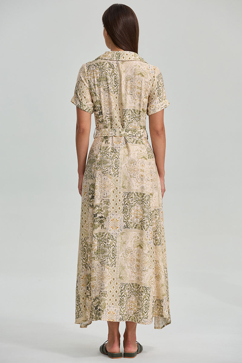 Printed Belted Maxi Shirt Dress