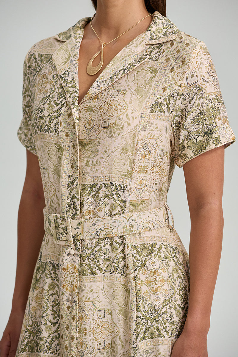 Printed Belted Maxi Shirt Dress