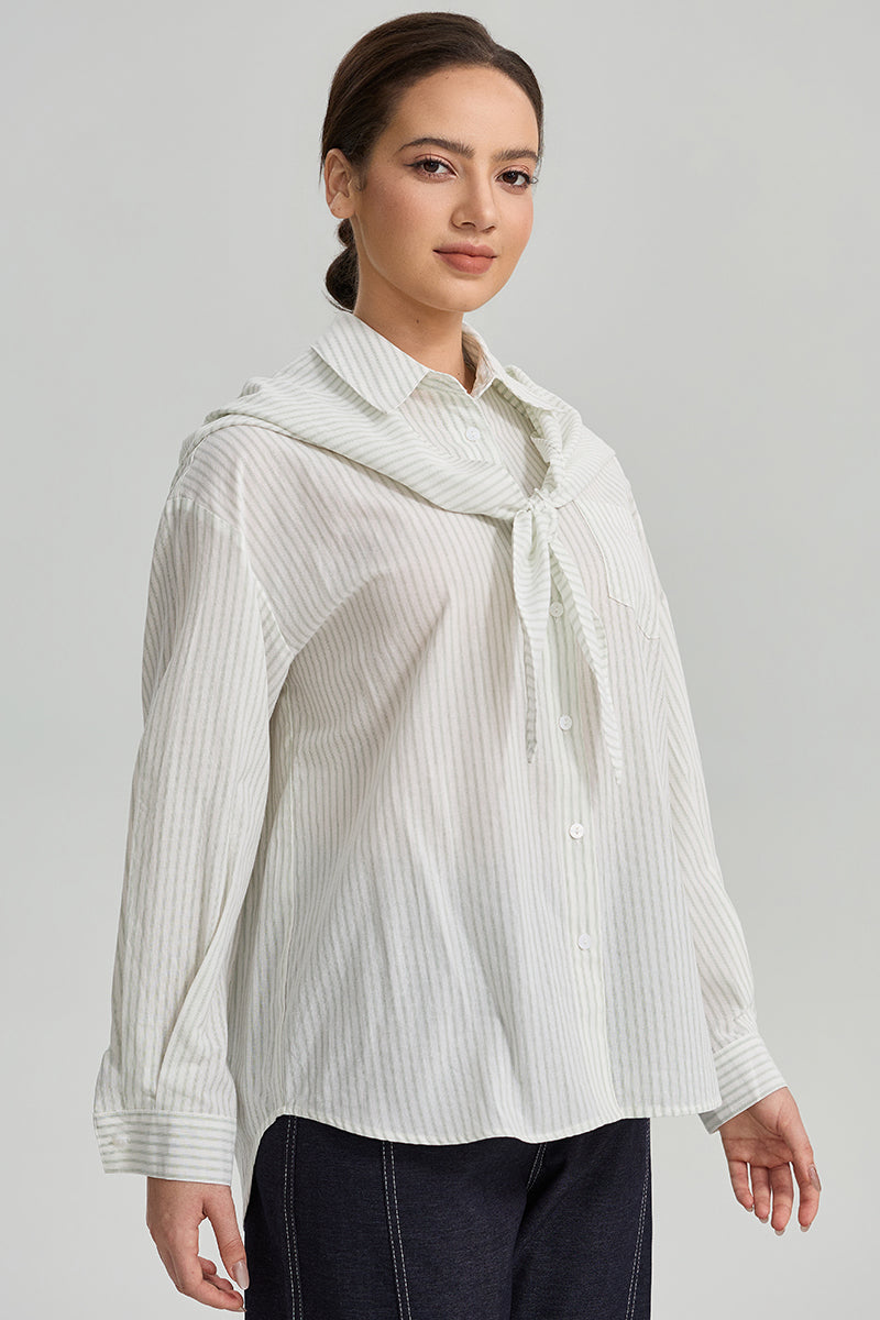 Scarf Detail Striped Shirt
