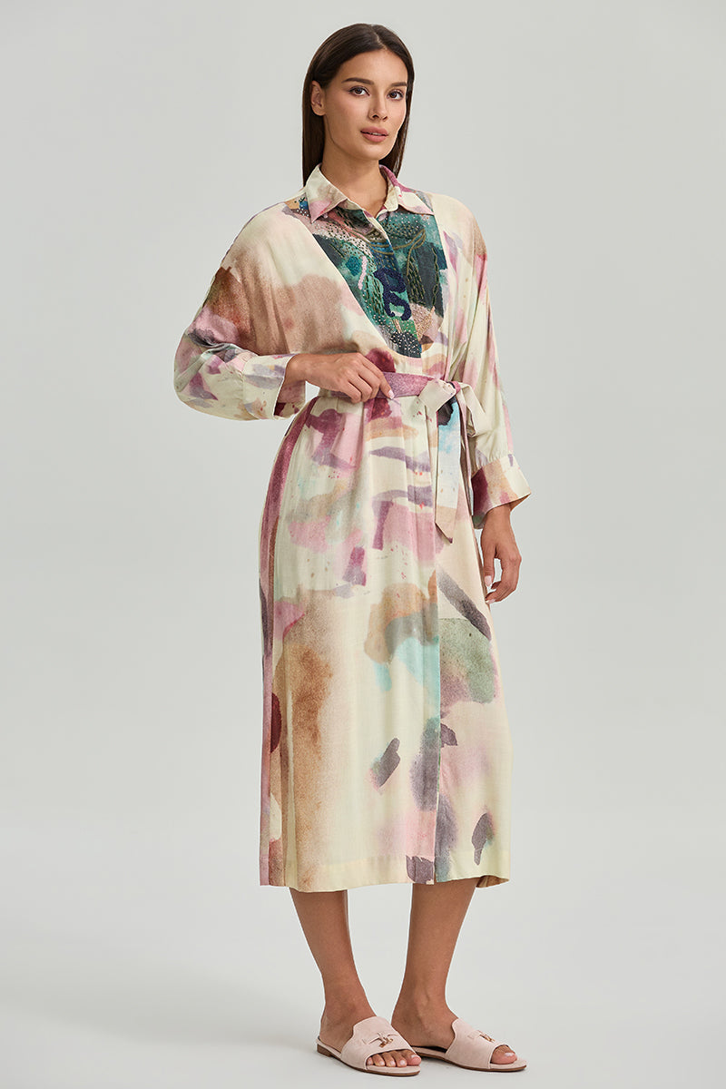 Printed Belted Midi Shirt Dress